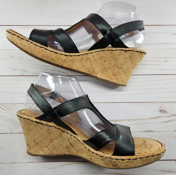 Born Womens Sandal Size 11 Wedge Heel Cork Platform‎ Black Leather Straps D65403 - Picture 7 of 10